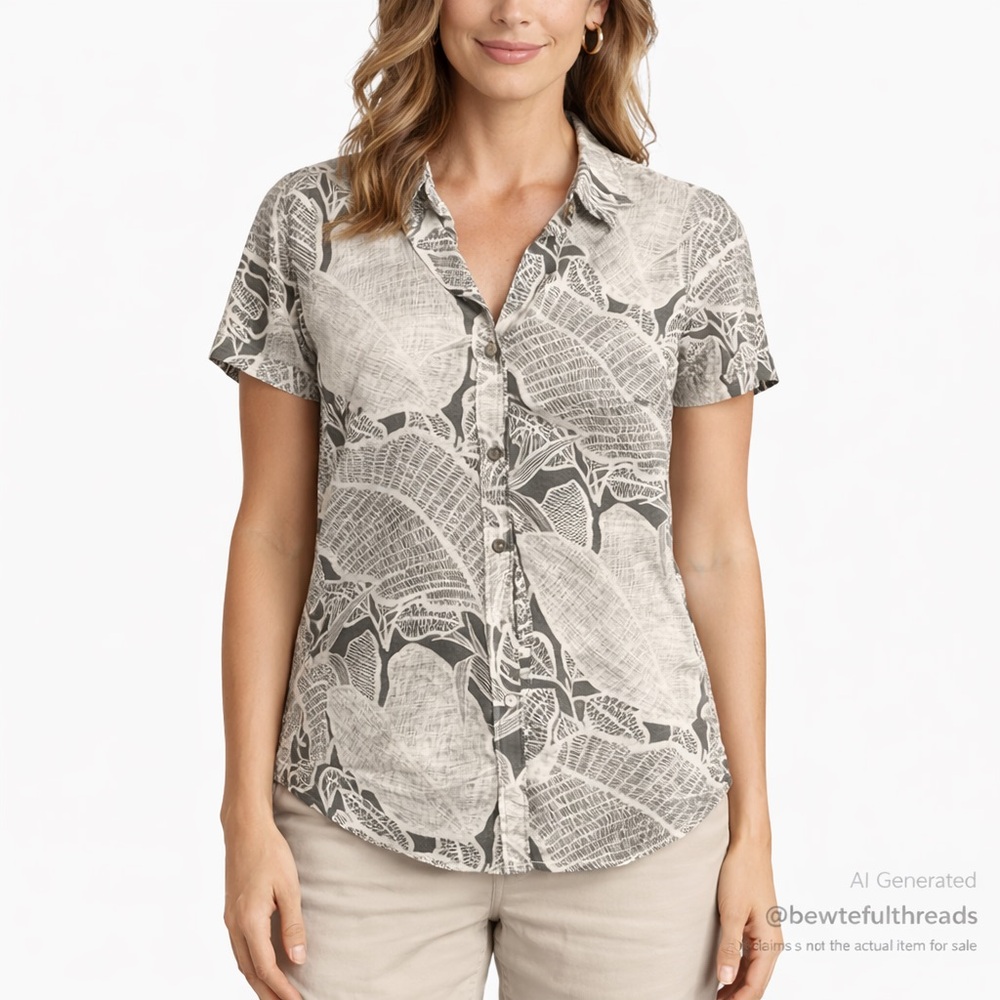 Tommy Bahama Women’s M Gray & Cream Linen Botanical Button-Up Shirt